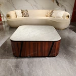Modern Coffee Table with Marble-Effect Top and High-Gloss Natural Wood Veneer